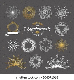 Set of vector starbursts. Vintage design elements. Retro style line art decorative sunbeams. Hand drawn sunshine shapes
