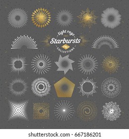 Set of vector starbursts. Vintage design elements. Retro style line art decorative sunbeams. Hand drawn sunshine shapes