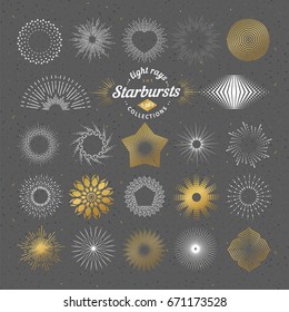 Set of vector starbursts. Vintage design elements. Retro style line art decorative sunbeams. Hand drawn sunshine shapes