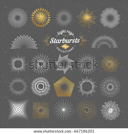 Set of vector starbursts. Vintage design elements. Retro style line art decorative sunbeams. Hand drawn sunshine shapes
