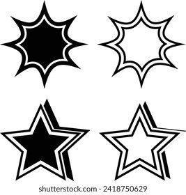 Set of vector stars. Collection of black and white shining stars