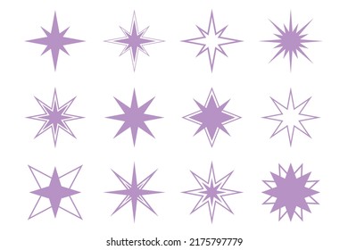 Set of vector stars elements. Purple vector linear stars.