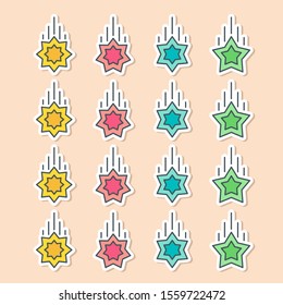 Set of vector stars in sticker style. Holiday decoration and party magic objects. Quality and rate elements for your designs.