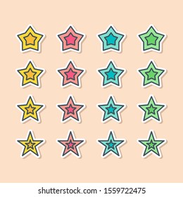 Conjunto de estrellas vectoriales en estilo de etiqueta. Decoración de vacaciones y objetos mágicos de fiesta. Calidad y valoración de los elementos para sus diseños.