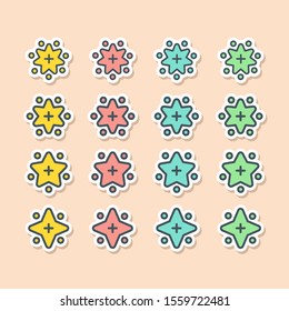 Set of vector stars in sticker style. Holiday decoration and party magic objects. Quality and rate elements for your designs.