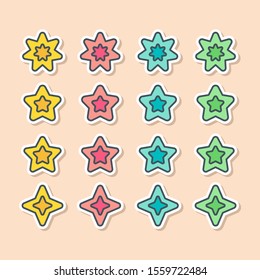 Set of vector stars in sticker style. Holiday decoration and party magic objects. Quality and rate elements for your designs.