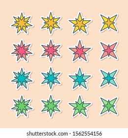 Set of vector stars in sticker style. Holiday decoration and party magic objects. Quality and rate elements for your designs.
