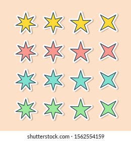 Set of vector stars in sticker style. Holiday decoration and party magic objects. Quality and rate elements for your designs.