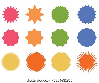 Set of vector stars, sunburst icons. Colored on white. Simple vintage flat style labels, stickers. Design elements. Collection of different types of icons.