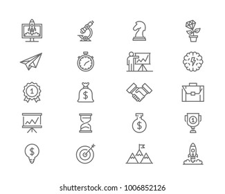 Set of vector startup and business line icons. Mountain peak, target, light bulb, trophy, award, presentation, handshake, brain, plant growth, knight chess, briefcase, stopwatch and more.