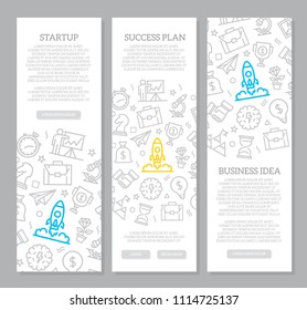 Set of vector startup and business vertical banners with icon pattern. Vector illustration