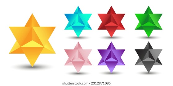 Set of vector stellated octahedrons, also called Stella octangula, and Polyhedra Hexagon, geometric polyhedral compounds on a white background with a gradient for game, icon, logo, mobile, ui, web.