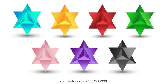 Set of vector stellated octahedrons, also called Stella octangula, and Polyhedra Hexagon, geometric polyhedral compounds on a white background with a gradient for game, icon, logo, mobile, ui, web.