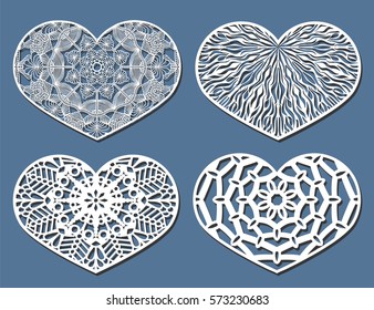 Set of Vector Stencil lacy hearts with carved openwork pattern. Template for interior design, invitations, cards, envelopes, decorative objects. Image suitable for laser, plotter cutting or printing. 