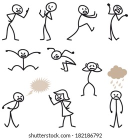 Set of vector stick figures: Angry, bad-tempered and grumpy stick man jumping and fighting.