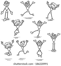 Set of vector stick figures: Happy stickman jumping and celebrating.