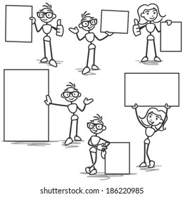 Set of vector stick figures: Male and female stickman holding and presenting blank signs and billboards.