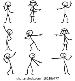 Set Of Vector Stick Figures: Stick Man Pointing And Showing Directions.