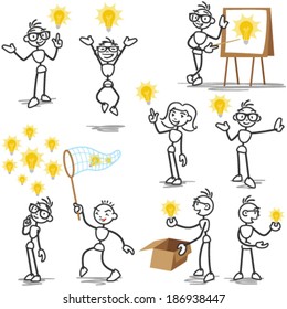 Set of vector stick figures: Stick man having light bulb idea, creative thinking, plagiarism.
