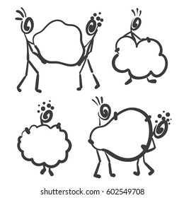 Set of vector stick figures: Stick man pointing and holding blank signs.