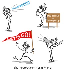 Set of vector stick figures: Motivating stick man shouting and cheering.