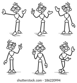 Set of vector stick figures: Stickman with pointing, showing and presenting gestures.