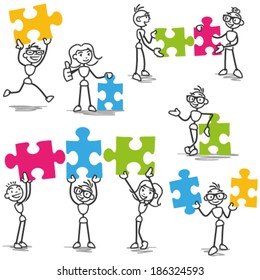 Set of vector stick figures: Stickman with jigsaw puzzle pieces, teamwork, strategy.