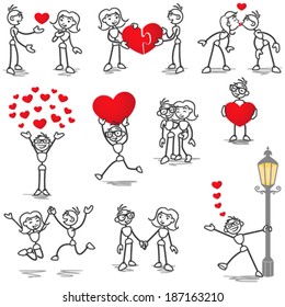 Set of vector stick figures: Stickman and woman in love, with hearts, holding hands, kissing.