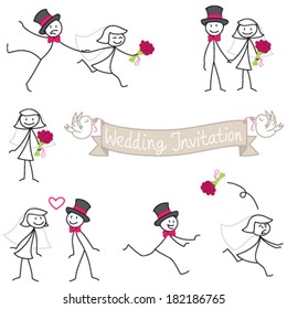 Set of vector stick figures: Wedding couple stick man, bride and groom.