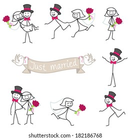 Set of vector stick figures: Wedding couple stick man, bride and groom.