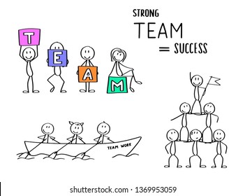Set of vector stick men for a business presentation or a website. Teamwork topic, cooperation and collaboration on work or school, group projects.  
