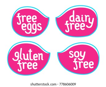 Set of vector sticker for gegan eco product. Pink stamp with free dairy, eggs, gluten, and soy. Vegan diet without grain, milk