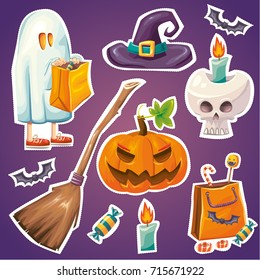 Set of vector sticker patch illustration collection of Halloween elements: spooky ghost costume, watch hat, broom, skull with candle, angry pumpkin, candy bag, flying bats