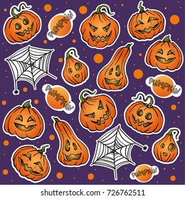 Set of vector sticker patch illustration collection of Halloween elements: angry pumpkin, web, funny pumpkin. Halloween pattern on violet background.