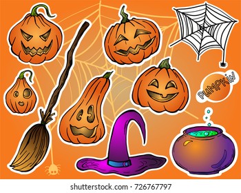 Set of vector sticker patch illustration collection of Halloween elements: witch hat, broom, angry pumpkin, web, funny pumpkin, cauldron with boiling green potion.
