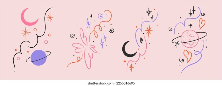 Set of vector sticker, tattoo. The tattoo is drawn with a thin line. Bright pattern, Saturn and moon, swirls, heart with fire hand drawn sketch. Vector illustration.