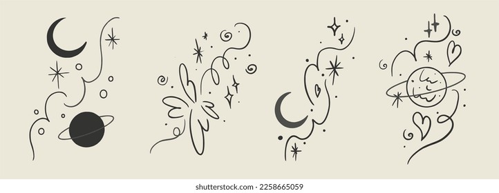 Set of vector sticker, tattoo. The tattoo is drawn with a thin line. Saturn and moon, swirls, heart with fire hand drawn sketch. Vector illustration.