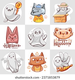 A set of vector stickers with animals and ghosts on the Halloween theme in a cartoon style.