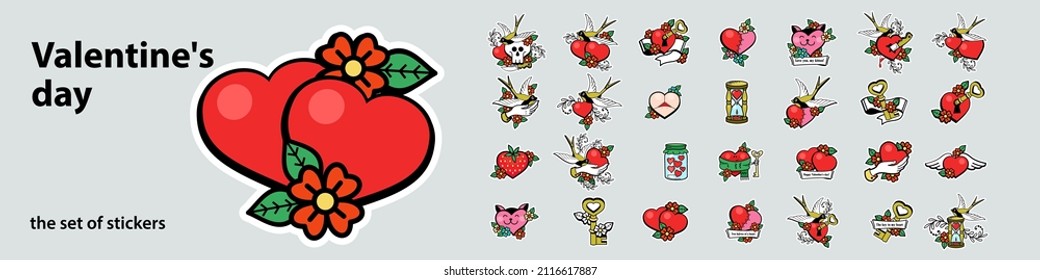 A set of vector stickers. Attributes of love. Red hearts in tattoo style. For Valentine's Day.
