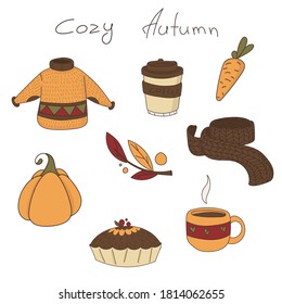 
Set of vector stickers with autumn attributes: sweater, coffee, cake, tea, leaves, scarf, pumpkin