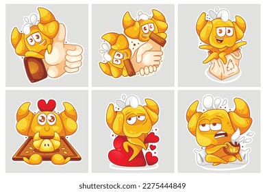 A set of vector stickers with a bagel or croissant character. Like, handshake, eco bag, serve croissant, heart, drink tea.