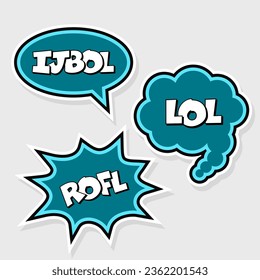 Set of vector stickers in blue color in pop art style. LOL, IJBOL, ROFL phrases. Vector illustration of three speech bubbles, icons on white background.