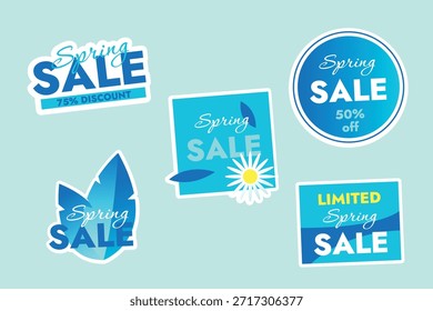 Conjunto de pegatinas de Vector en colores azules sobre el tema de descuentos de primavera, ventas en tiendas
