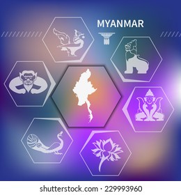 Set of vector stickers Burmese mythological and folkloric symbols on the bright blurry background for the design of tourist brochures and website design.