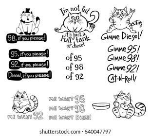 set of vector stickers for car with cute fat cats and fuel markings in english
