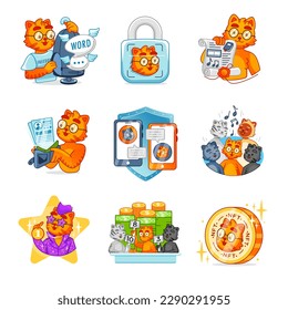 A set of vector stickers with a cartoon character of a cute ginger cat. Freedom of speech, protection, communication, singing cats, cryptocurrency, etc.