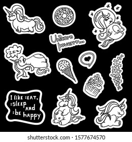 Set of vector stickers cartoon sketch hand drawn black and white unicorns. Unicorn, donut, cupcake, stars