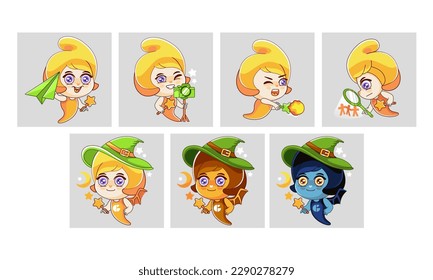 Set of vector stickers of character cute cartoon chibi fairy.