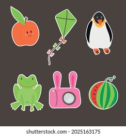 A set of vector stickers with children's illustrations in the flat style