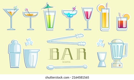 Set of vector stickers of cocktails and bar tools. Sticker shape can be replaced, icons can be used without white outline easily.
